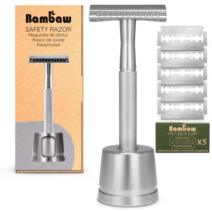 Daugkartinis metalinis skustuvas Bambaw Silver su stovu - Nula | Priemonės tvaresnei Tavo kasdienai# - product_vendor#